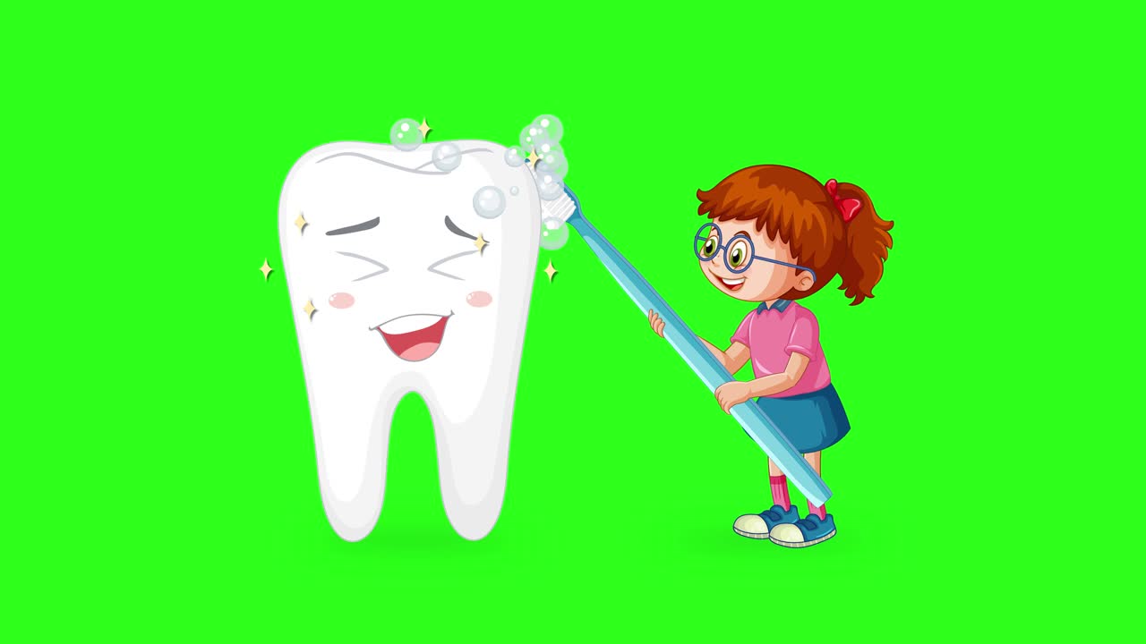 Animated sequence of a smiling girl brushing a large cartoon tooth with a toothbrush, featuring foamy bubbles and cheerful expressions on a bright green background