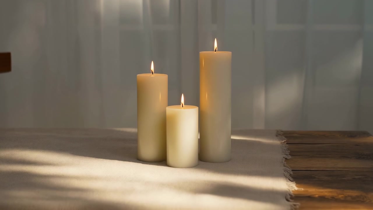 Tre candele a colonna accese si trovano vicino al centro dell'inquadratura su un tavolo coperto di tessuto, con tende trasparenti che diffondono delicatamente la luce del giorno sullo sfondo.