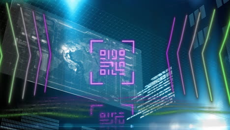 animación digital de código qr de neón y líneas brillantes en múltiples pantallas con procesamiento de datos