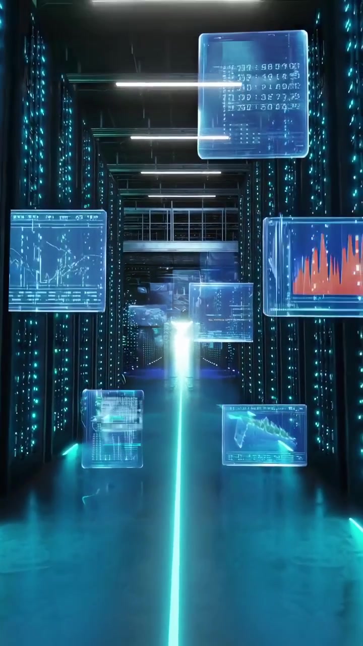 Futuristic Data Center Corridor with Floating Digital Information Displays