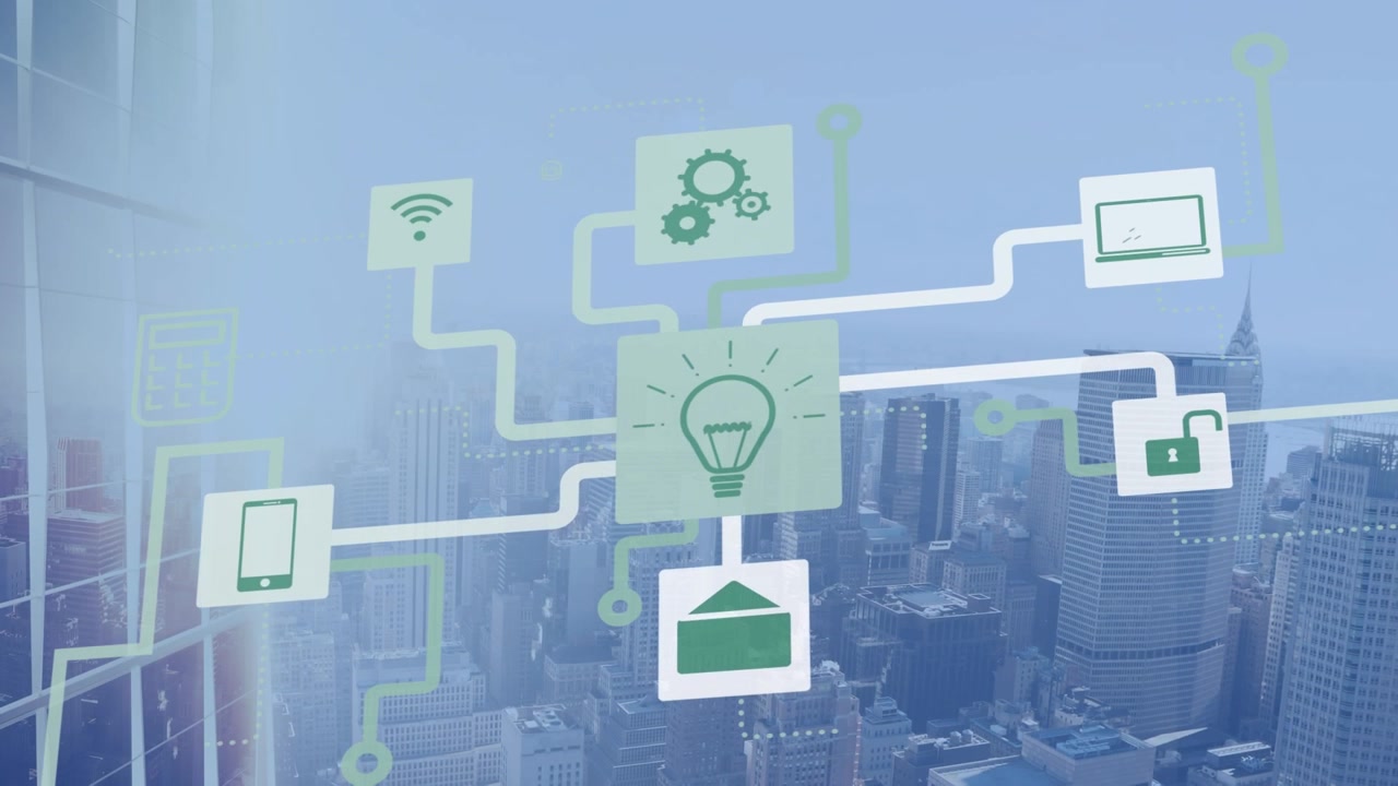 Spot of light and network of digital icons against aerial view of cityscape