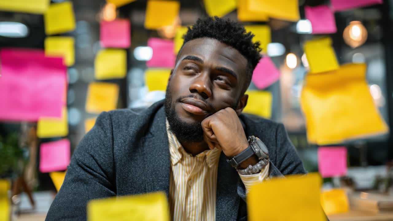 Contemplative Individual Lost in Thought Surrounded by Colorful Sticky Notes in a Creative Workspace Filled with Ideas and Inspiration