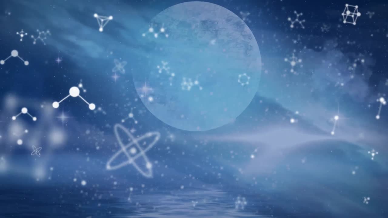 추상적인 배경 위에 지구와 함께 떠다니는 뉴클레오티드와 별의 애니메이션