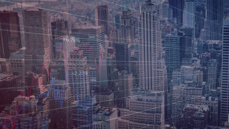 animation of statistical data processing over grid network against aerial view of cityscape