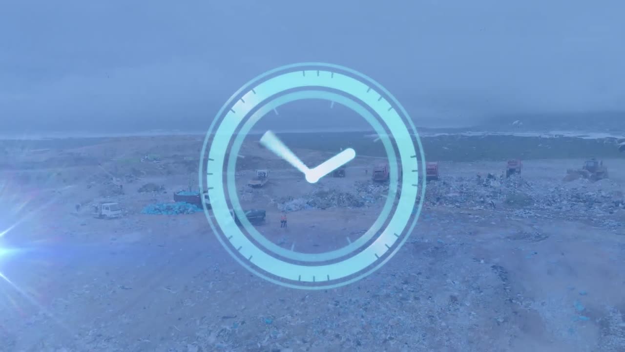 폐기물 처분장에서 차량 위에서 빠르게 움직이는 시계의 애니메이션