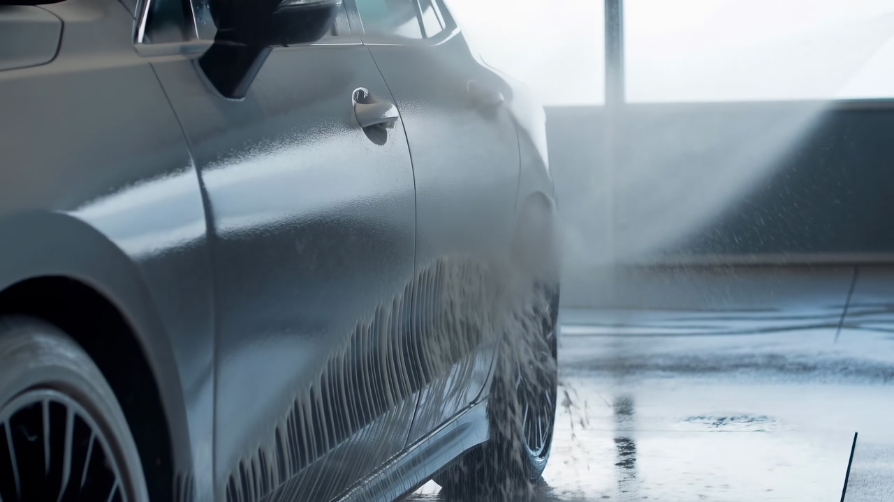 Sleek Sedan Side Being Washed With High Pressure Spray In Bright Indoor Car Wash Bay, Closeup On Wheel