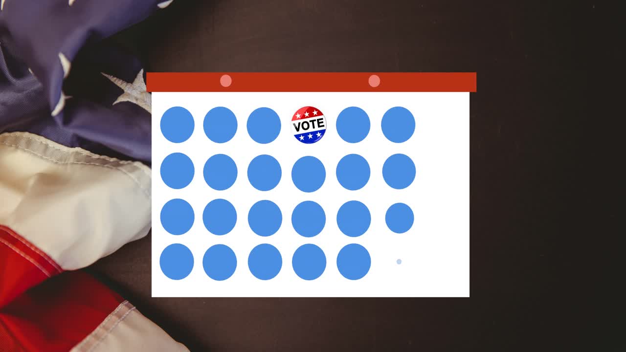 Animazione di una carta modello token e testo di voto che si muovono sopra la bandiera americana