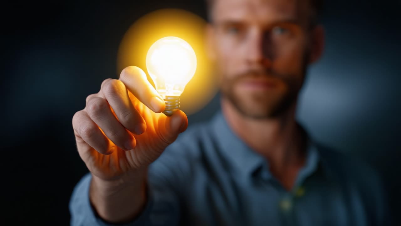 A man holds a glowing light bulb tightly in his hand, showcasing innovative thinking and creativity, perfect for discussions on ideas, inspiration, and motivation