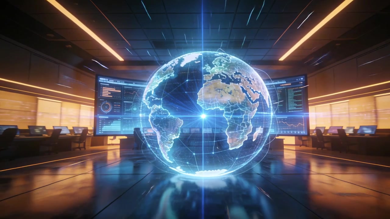 System activating hologram globe, rotating and emitting blue beam in command room with displays