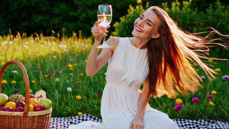 happy woman enjoying a picnic with wine in a sunny meadow