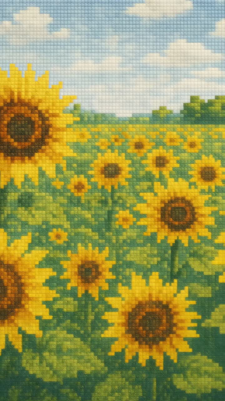 Vibrant sunflower field mosaic with a low-angle view, capturing a sunny landscape