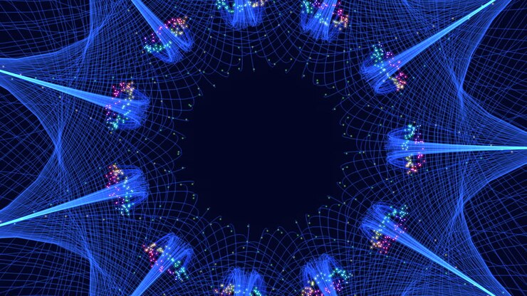 Abstract blue and white circular pattern with radiating lines and dot detail
