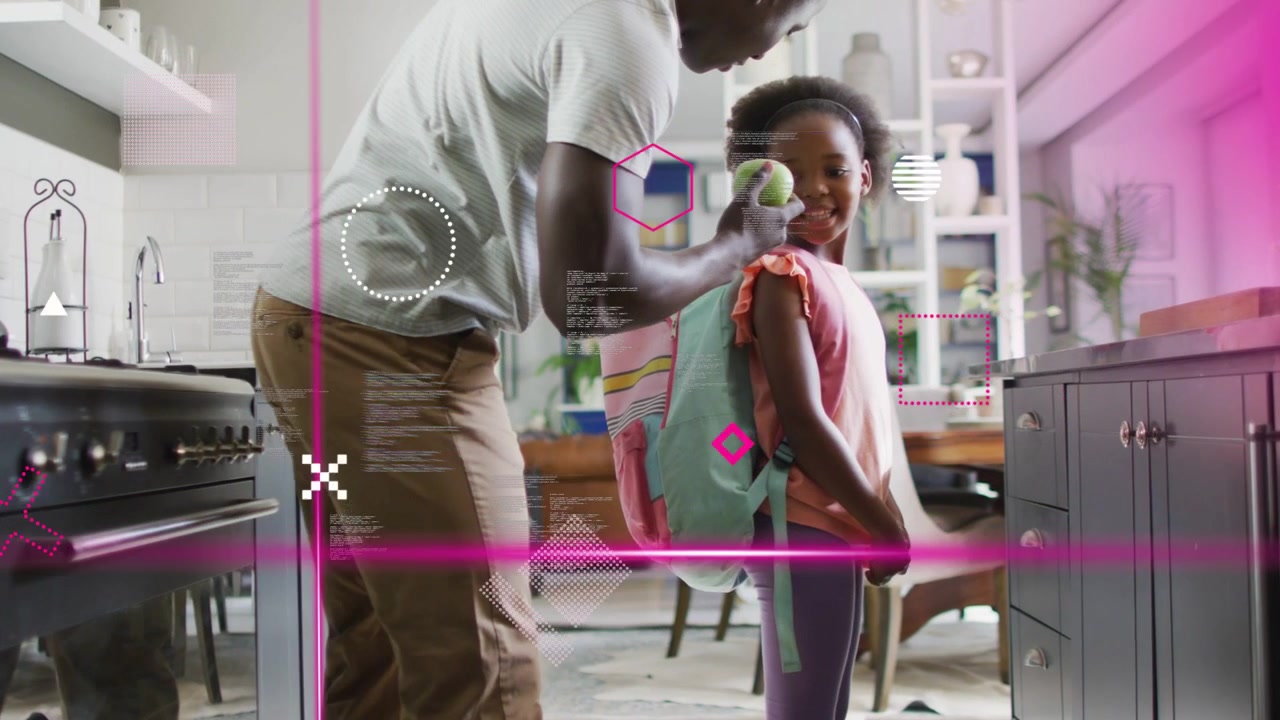 Father bending adjusting kid school backpack in kitchen, reaching green apple pink overlay sweeping