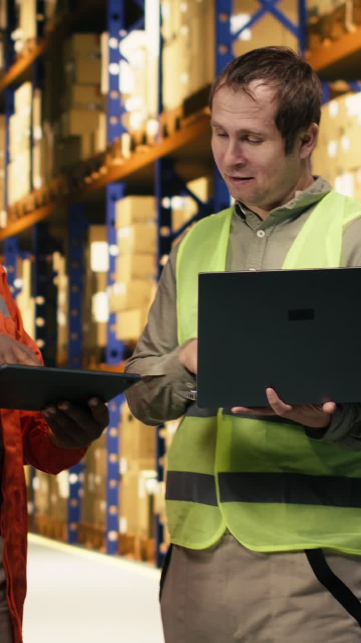 Video vertical: Colegas de comercio electrónico rastreando paquetes en software de seguimiento, usando etiquetas AWB