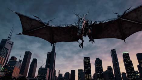 dragon soaring over a metropolis at dusk