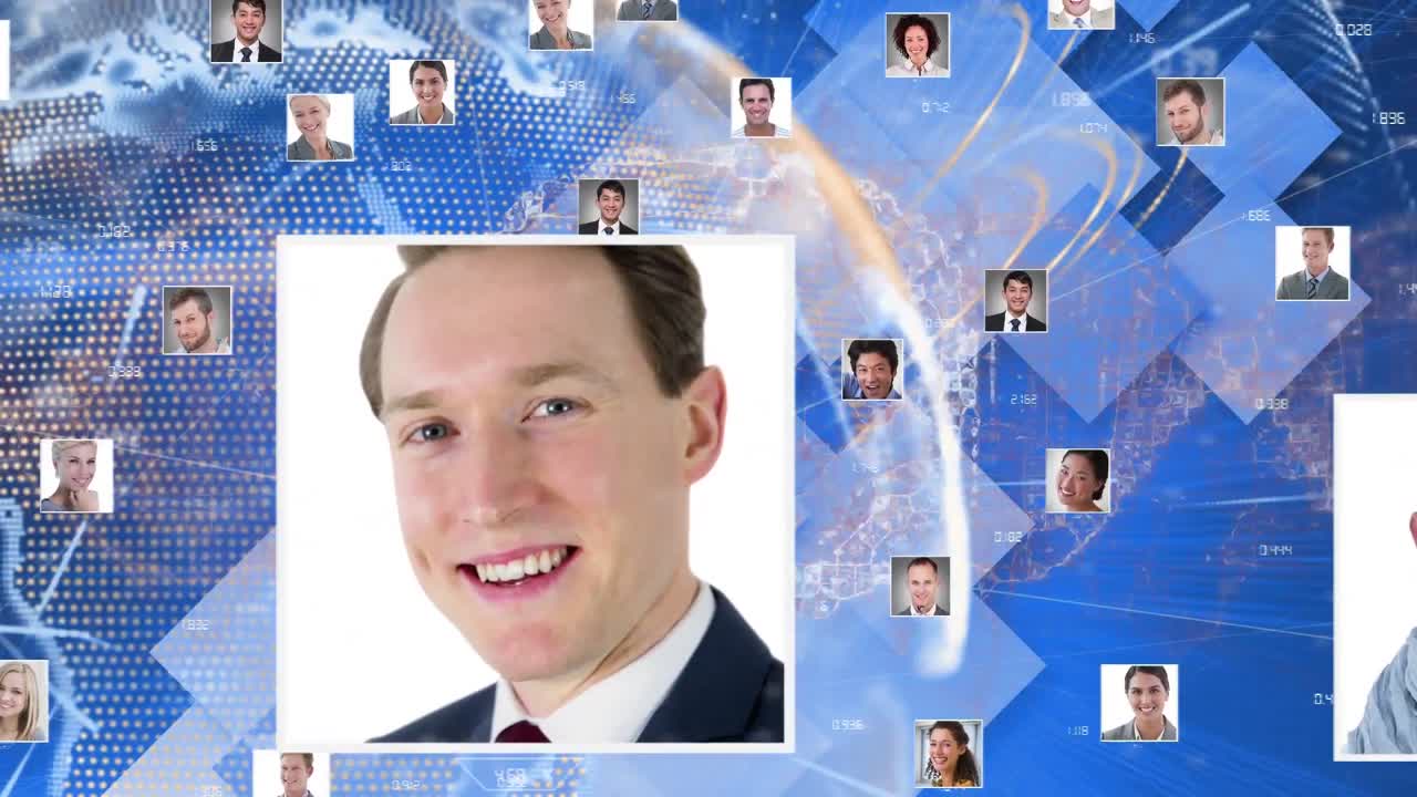블루 스크린 위에 연결 네트워크와 사람 사진을 가진 지구의 애니메이션