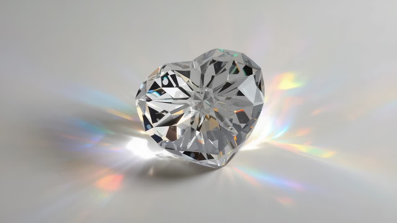 Point light shifting, cut faceted heart crystal casting vivid rainbow rays across gray tabletop