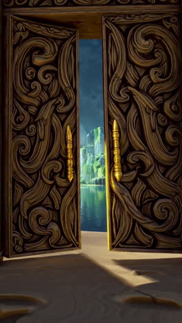 ornate doors revealing a magical waterfall landscape