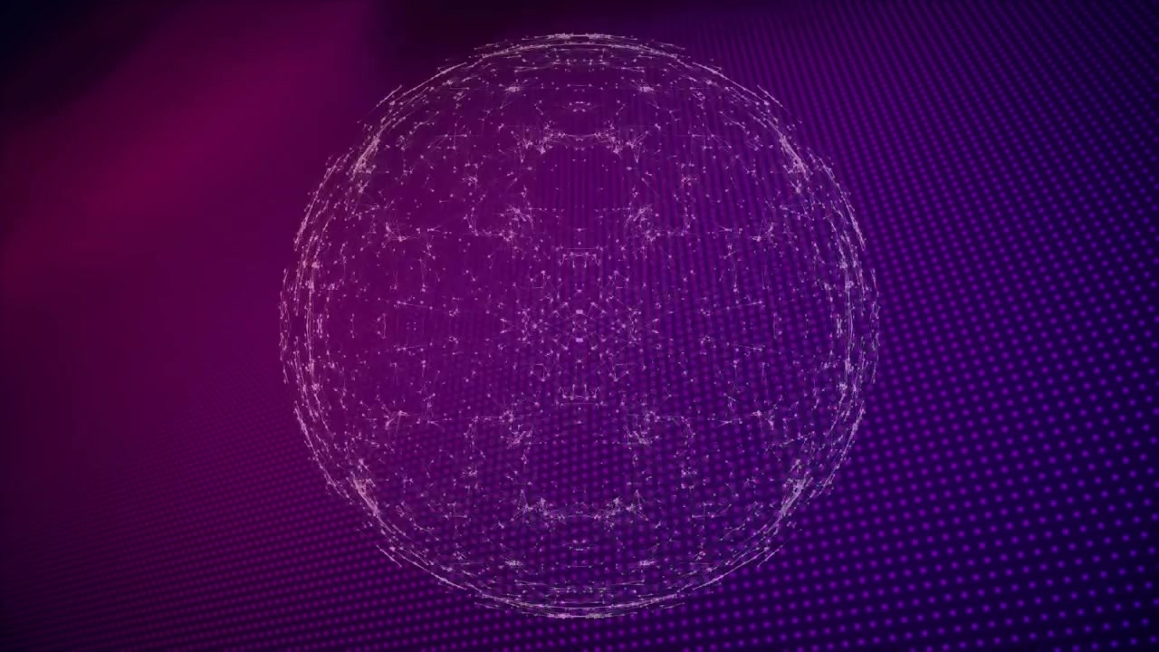 Sfera centrale pulsante che si espande, si riflette e si divide in anelli che svaniscono su un piano magenta per la visualizzazione dei dati.