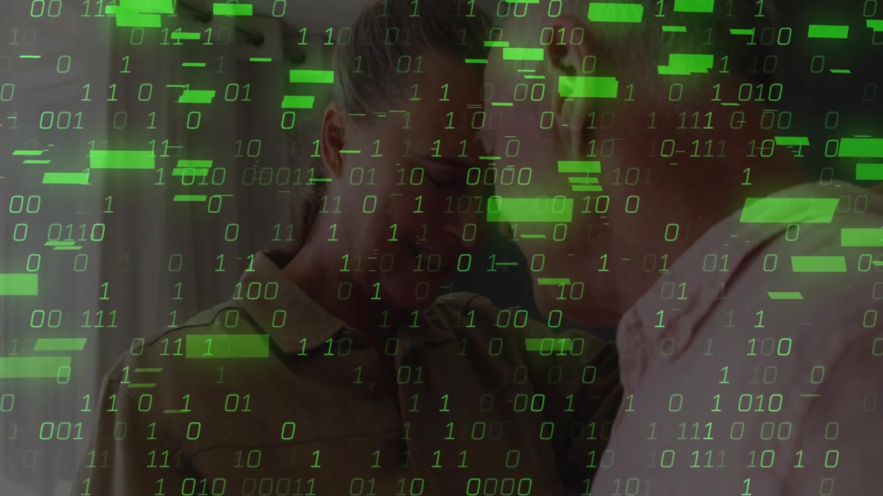 Couple Embracing with Digital Binary Code Overlay