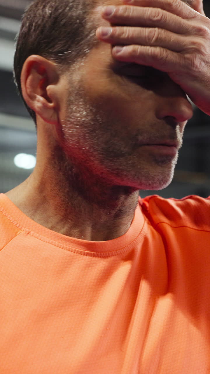 Uomo stanco che riposa dopo un intenso allenamento in palestra.