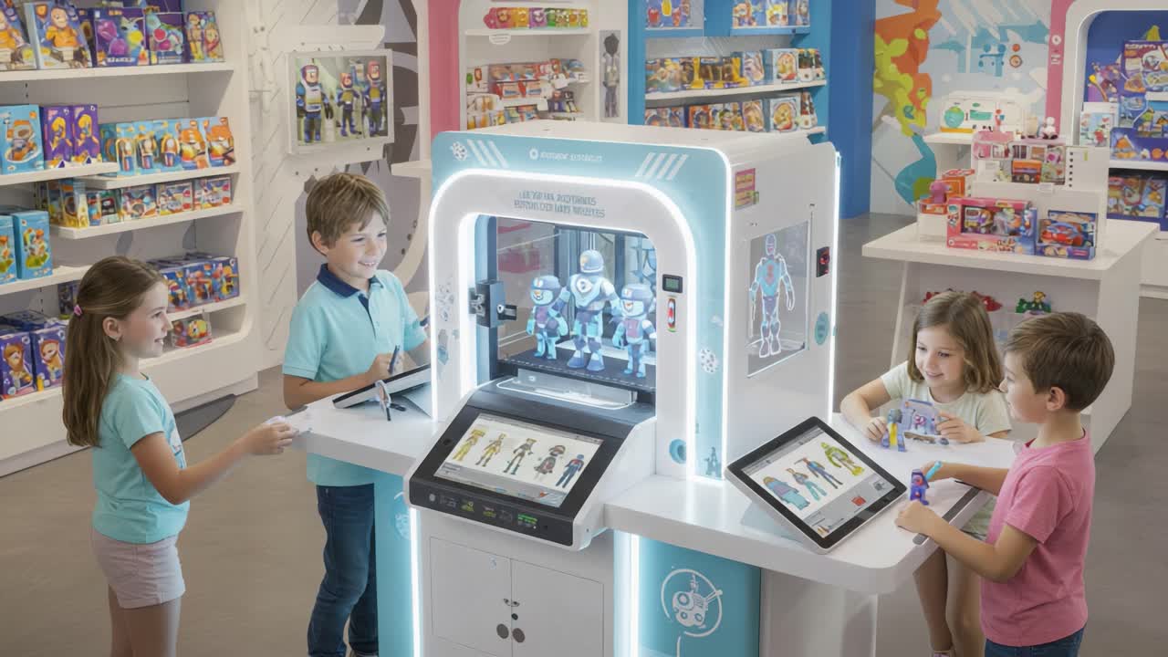 Engaging Playtime at a Colorful Toy Store with Interactive Tech: Children Explore Creative Possibilities through a Futuristic Toy Display