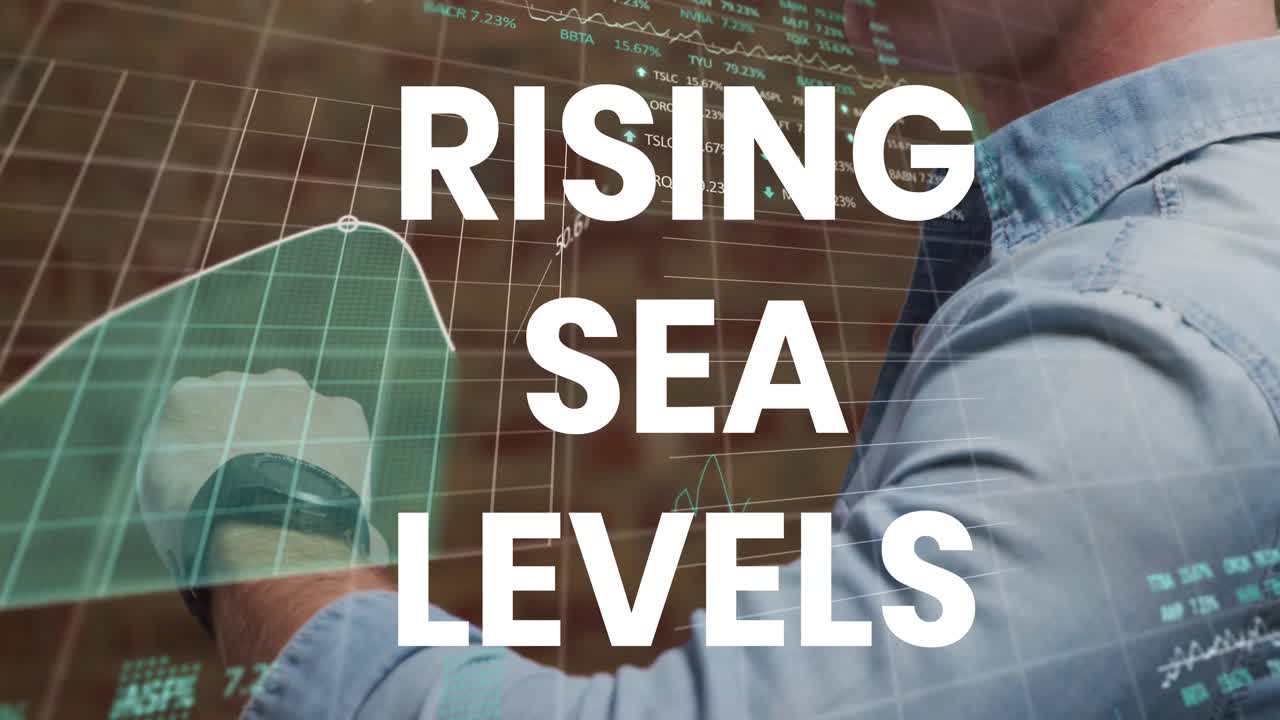 animación del aumento del nivel del mar sobre el gráfico financiero y un empresario caucásico con reloj inteligente