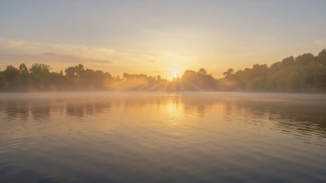 Climbing sun casting gold through mist, thinning fog, spreading ripples across lake, lighting trees