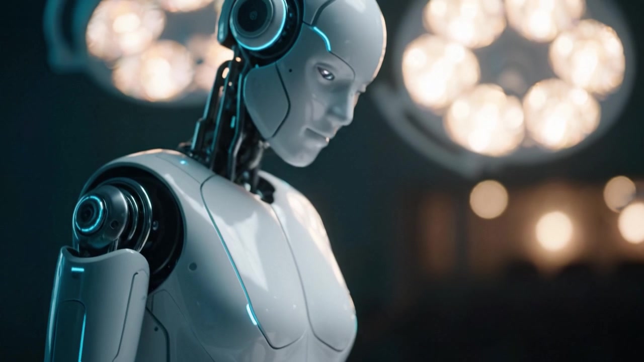 Modern bir robotik ortamda, fütüristik bir robot, ileri teknolojiyi ve cerrahi prosedürlerdeki hassasiyeti sergileyerek hassas bir operasyon gerçekleştiriyor ve unsurları inceliyor.