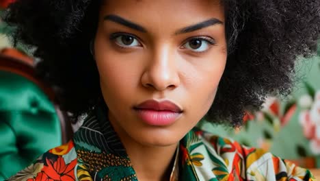 a woman with an afro sitting on a green couch