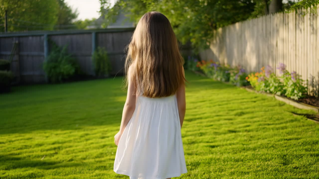 Young girl standing in a backyard, viewed from behind