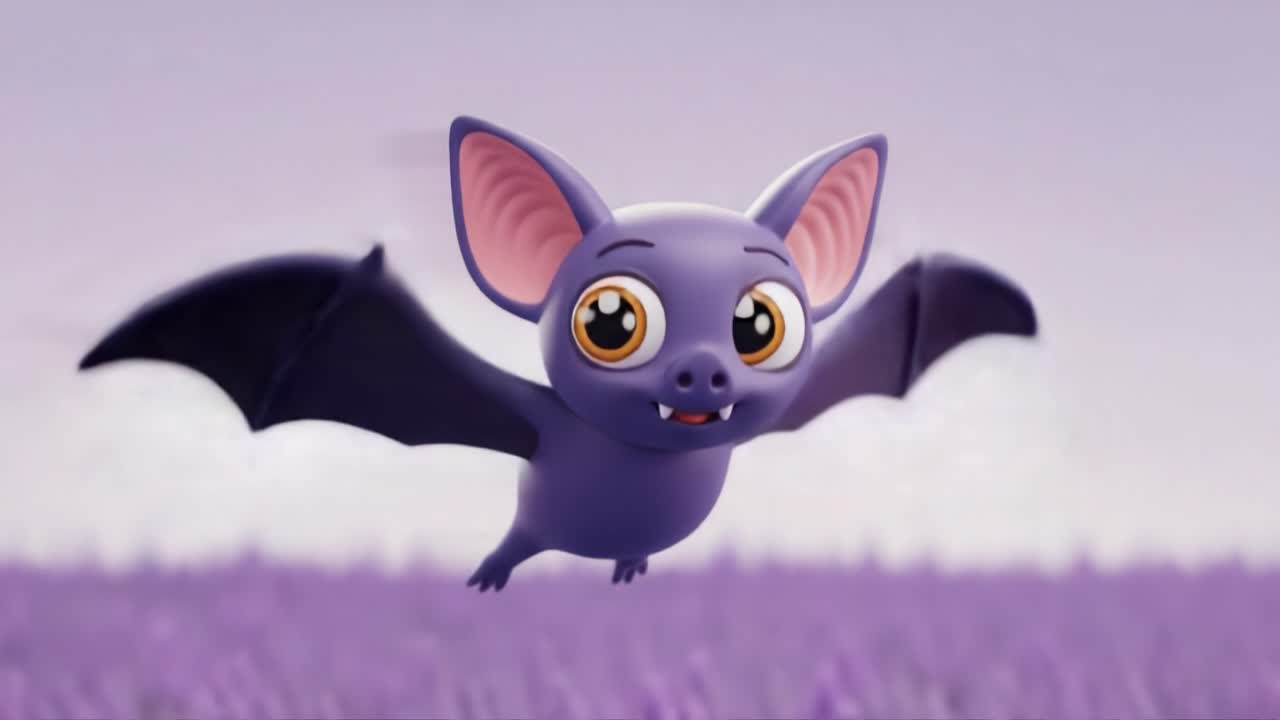 A Charming Animated Bat with Big Eyes Soars Over a Field of Lavender in a Whimsical and Colorful Scene, Capturing the Joy of Flight in a Playful, Imaginative World