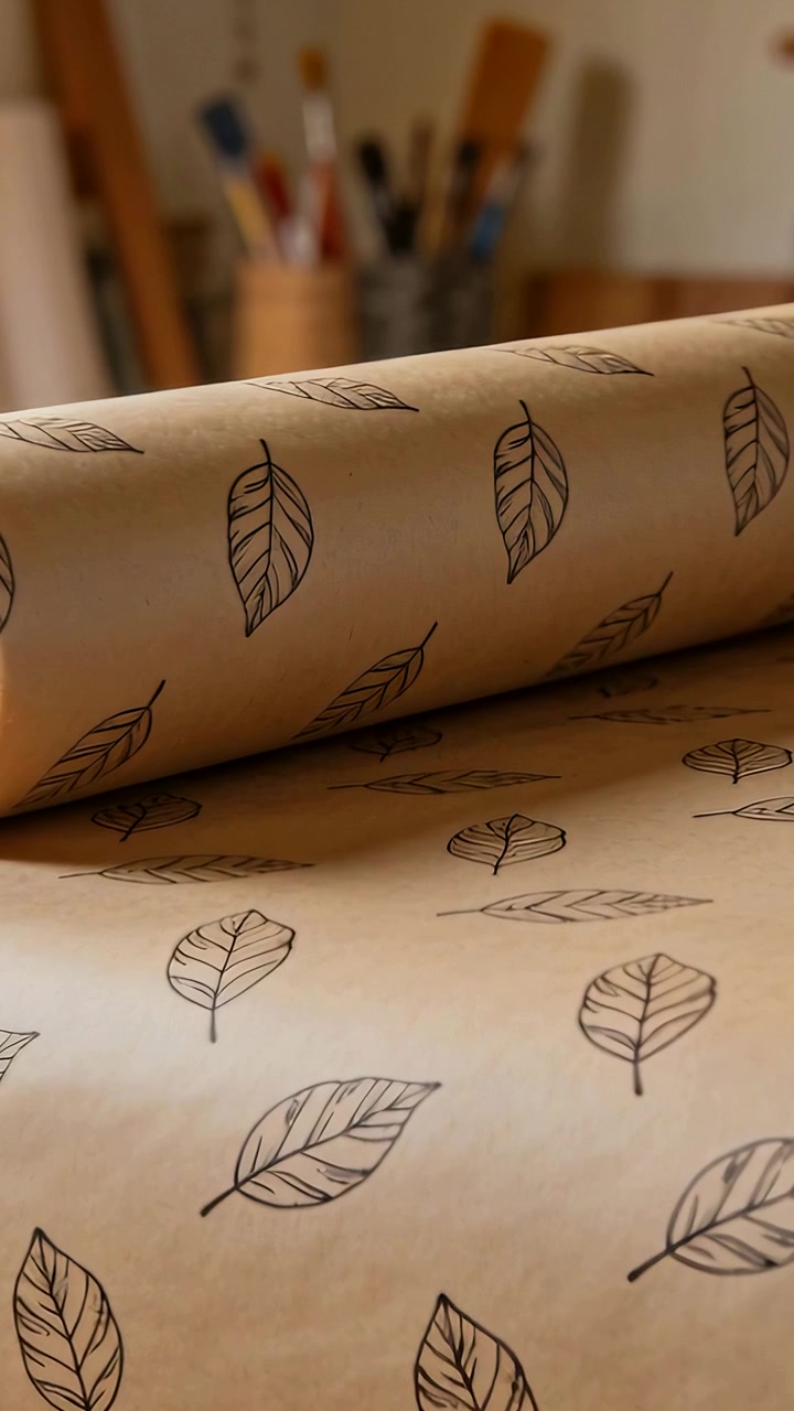 Vertical video: Panning camera revealing kraft roll and flat sheet on worktable