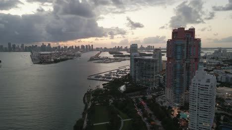 miami south beach aerial skyline at sunset