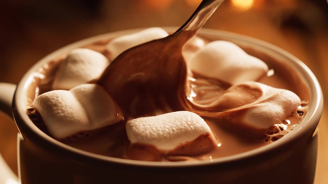 Primo piano di una tazza di cioccolata calda cremosa con soffici marshmallow bianchi
