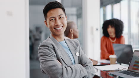 laptop, meeting and face of a professional asian