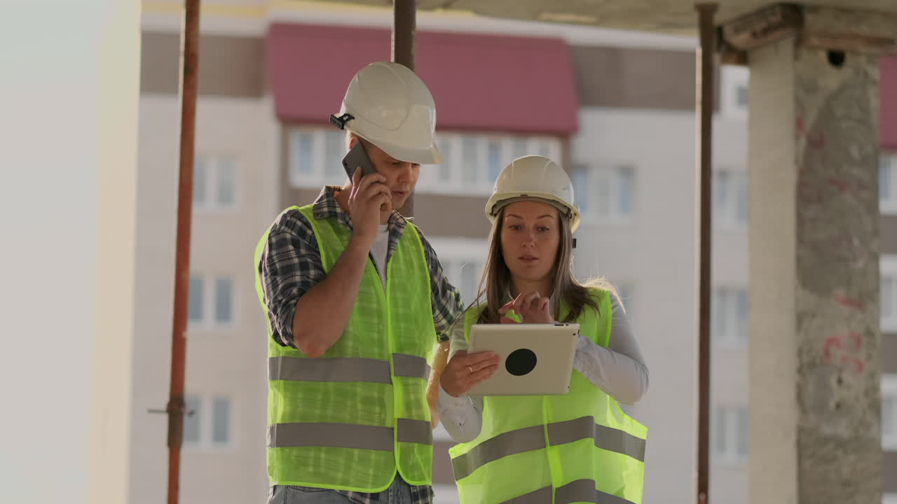 supervisor de un edificio en construcción hombre discutiendo con ingeniero diseñador mujer el progreso de la construcción y examina un plan de construcción.