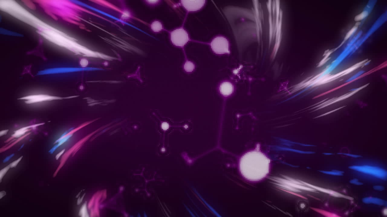 animación de moléculas y rastros de luz sobre fondo negro