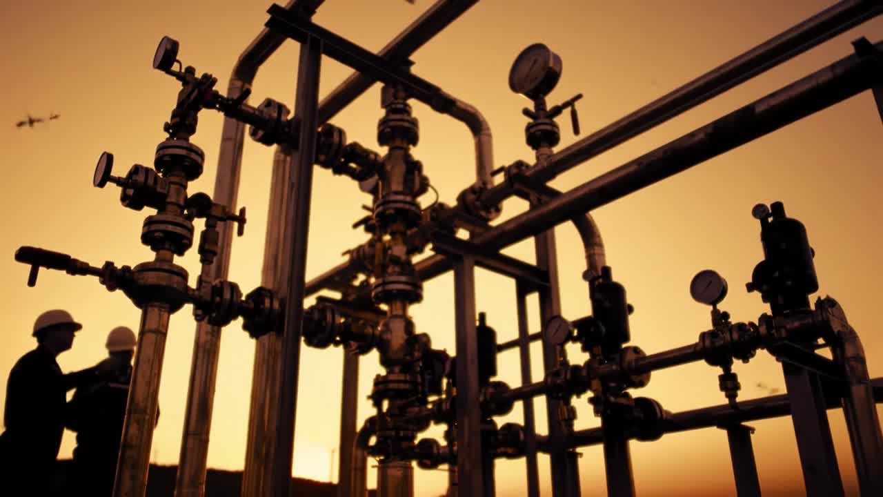 Industrial Pipeline Setup at Sunset: A Captivating View of Silhouetted Workers Engaged with Gas Equipment Amidst a Golden Horizon
