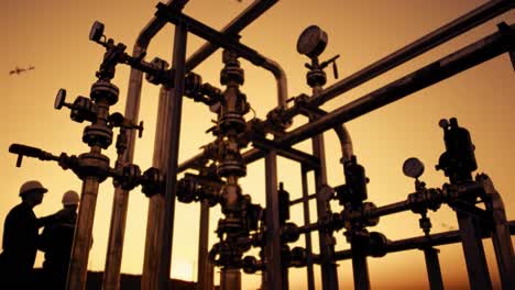 industrial pipeline setup at sunset: a captivating view of silhouetted workers engaged with gas equipment amidst a golden horizon