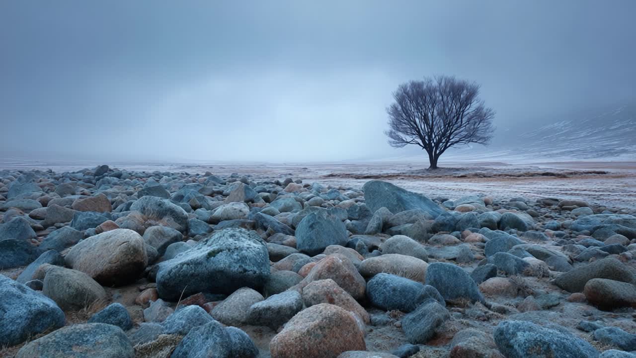 A Solitary Tree Amidst a Rocky Landscape Under Gloomy Skies: Capturing the Essence of Isolation and Nature's Resilience