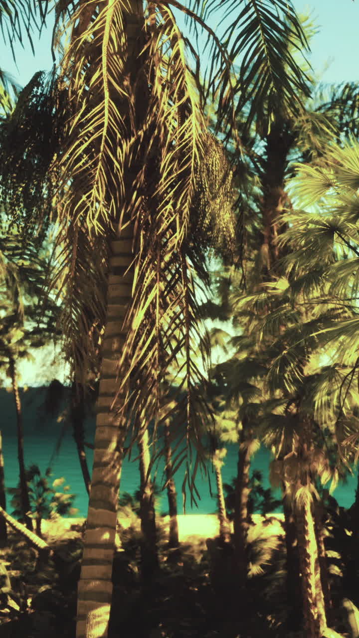 Lush palm trees frame a serene beach view under bright sunlight