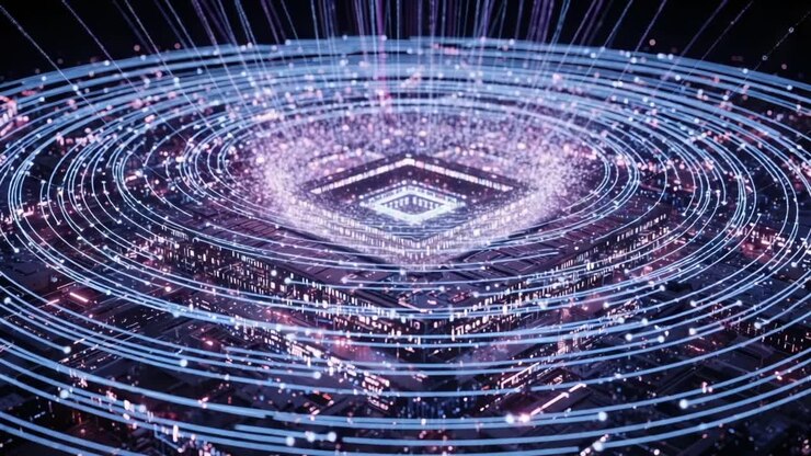 A Dynamic Visualization of Interconnected Data Points in a Vibrant, Futuristic Environment Showcasing Circles of Light and Pulsing Energy Patterns