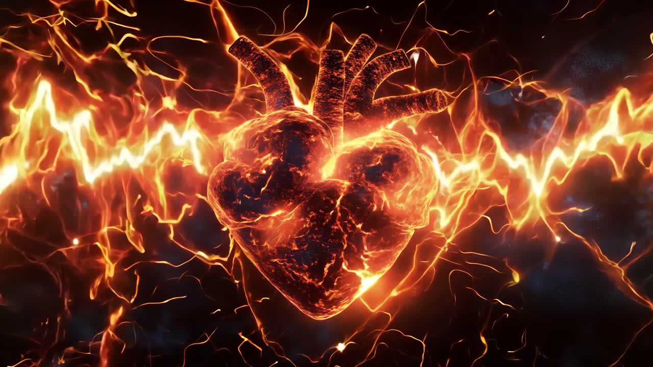 A heart is shown in a fiery, glowing light. The heart is surrounded by a dark background, with the flames and sparks emanating from it. Concept of passion, love, and intensity