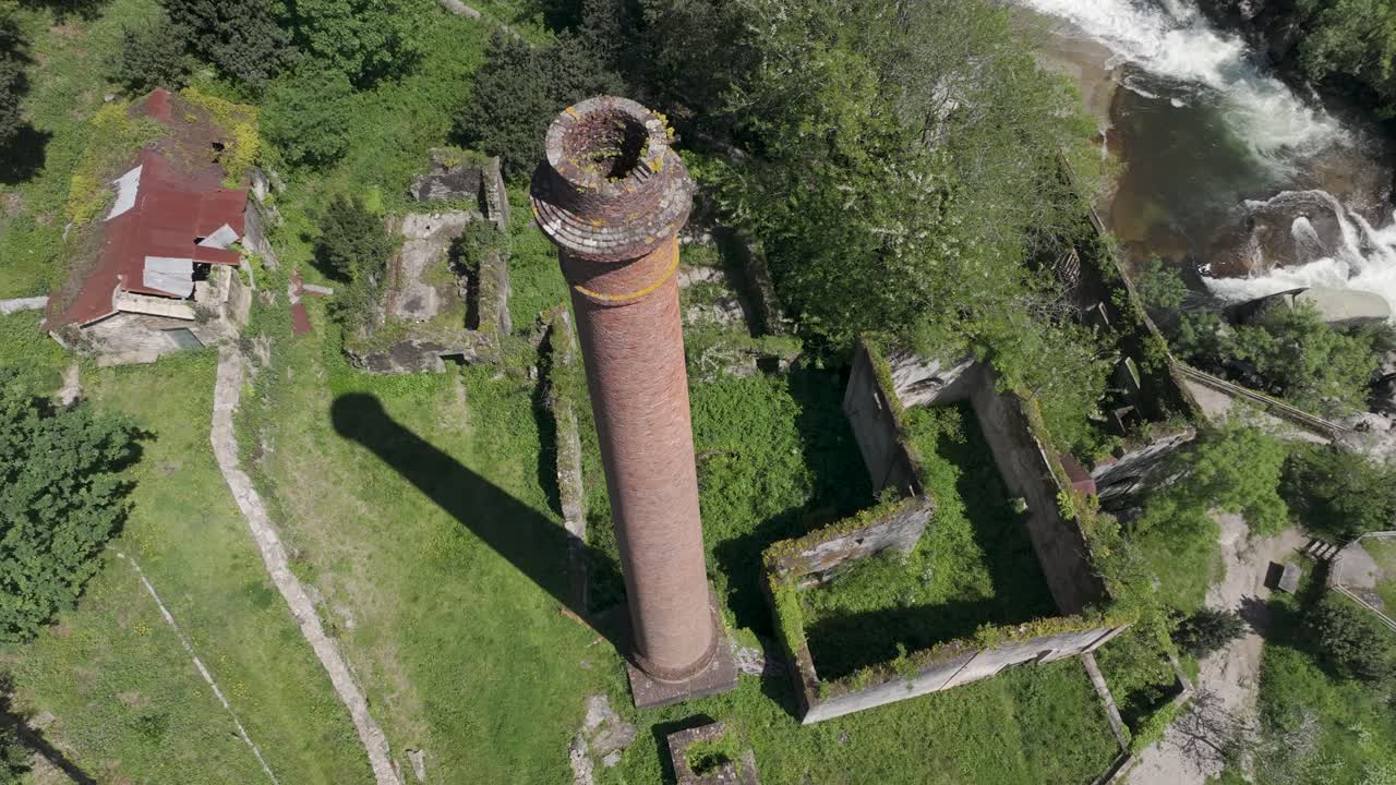 Ruins Of Factory Chimney, Fabrica da luz In Segade de Arriba, Caldas de Reis, Spain - Drone Shot