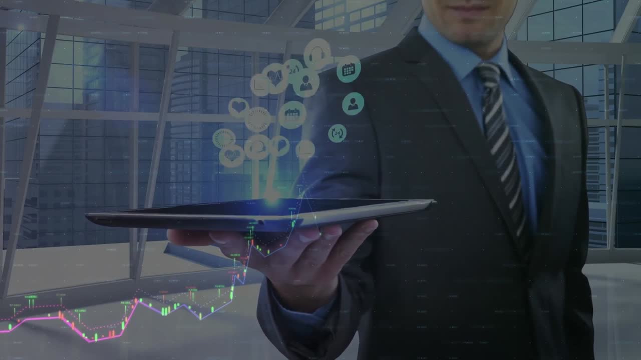 Animación de la sección media de empresario caucásico con tablet, iconos y gráficos