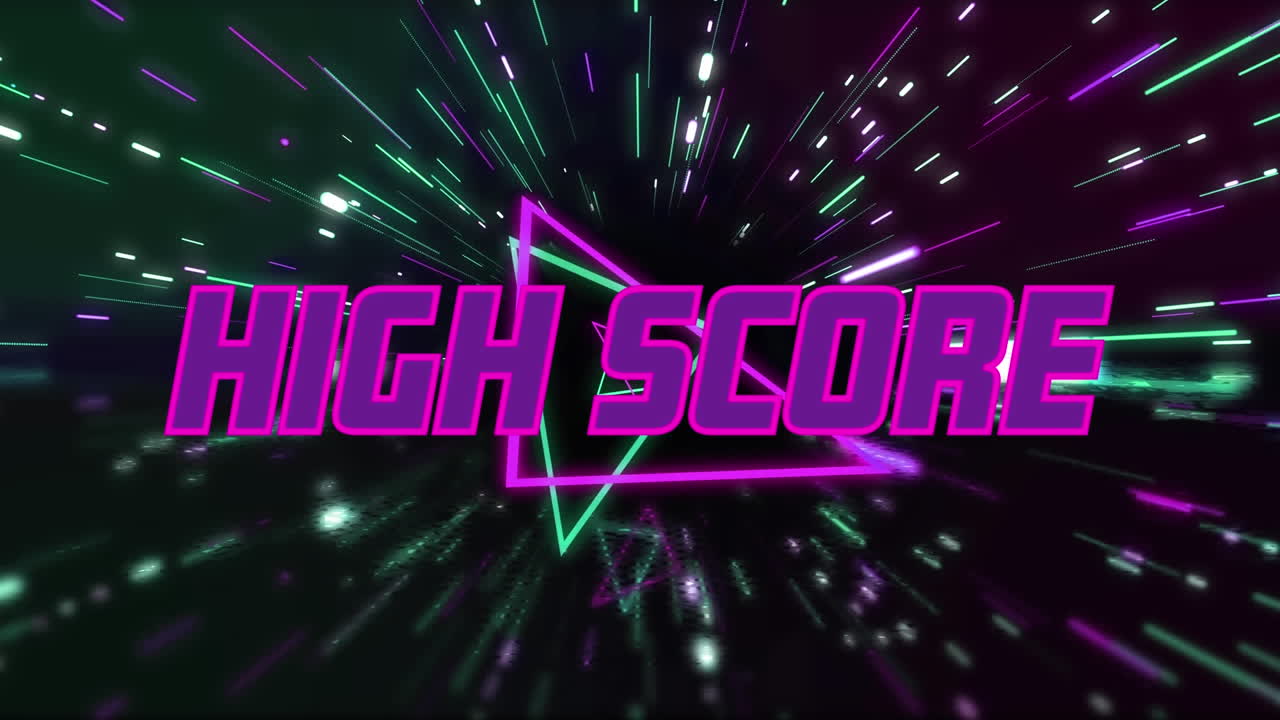 검은색 배경에 빛의 흔적 위에 높은 점수 텍스트의 애니메이션