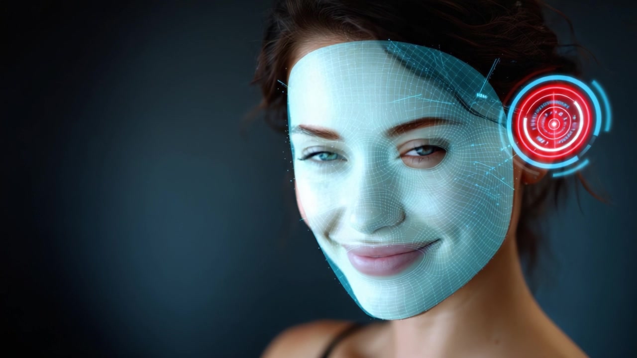 A captivating transformation of a woman featuring a digital overlay on her face, illustrating futuristic technology with holographic elements enhancing her beauty.