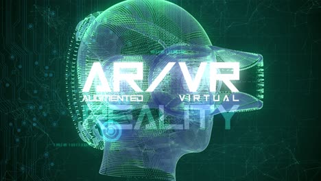 impresionante animación gráfica vfx que representa la tecnología emergente en el espacio de realidad aumentada de realidad virtual, con cabeza giratoria con gafas vr, diseño de plexo abstracto, en esquema de color verde azulado