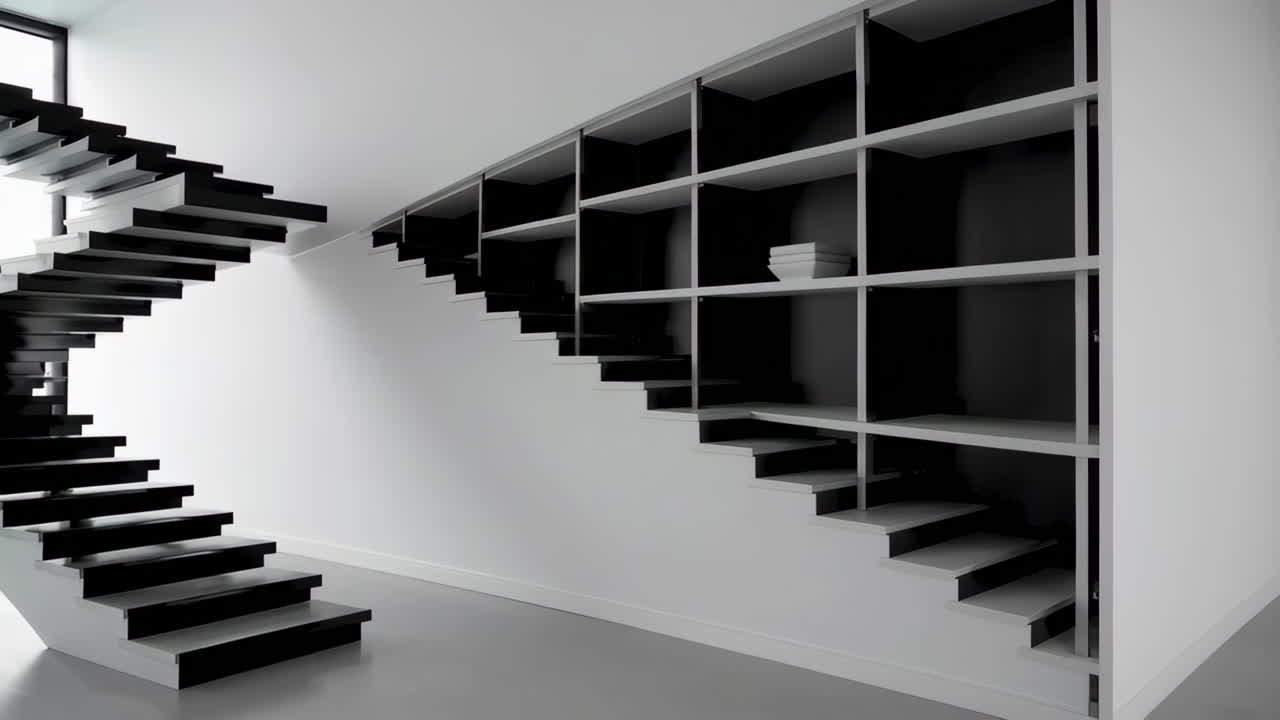 Modern Black and White Staircase with Built-in Shelving